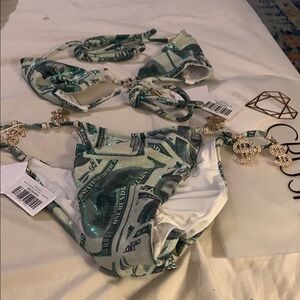 Money Print Bikini with Gold Details